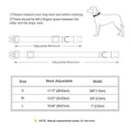 Dog collar measurement chart with adjustable size guide and diagram of a dog wearing a collar.