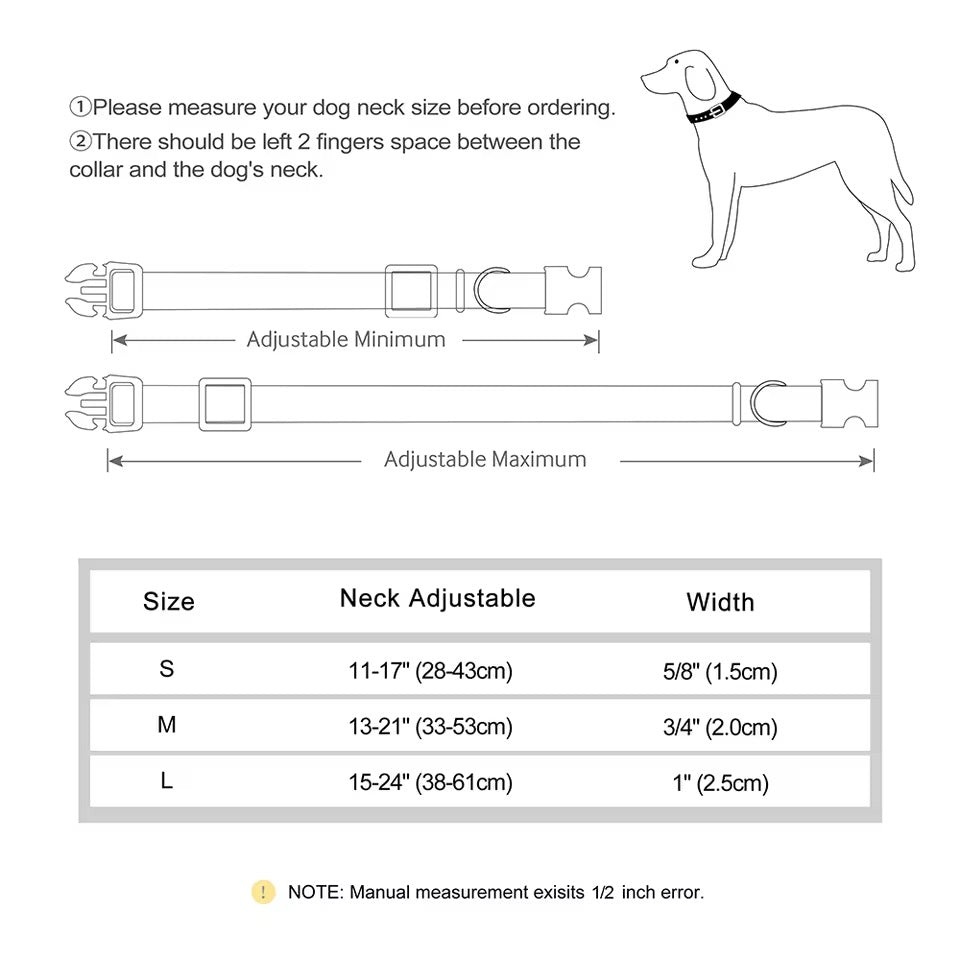 Dog collar measurement chart with adjustable size guide and diagram of a dog wearing a collar.
