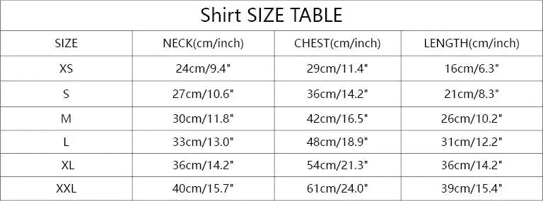 Shirt size table with measurements in centimeters and inches