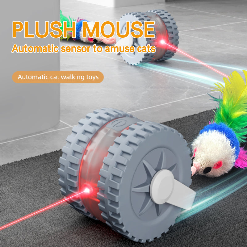Cat toy with plush mouse and laser pointer on a floor