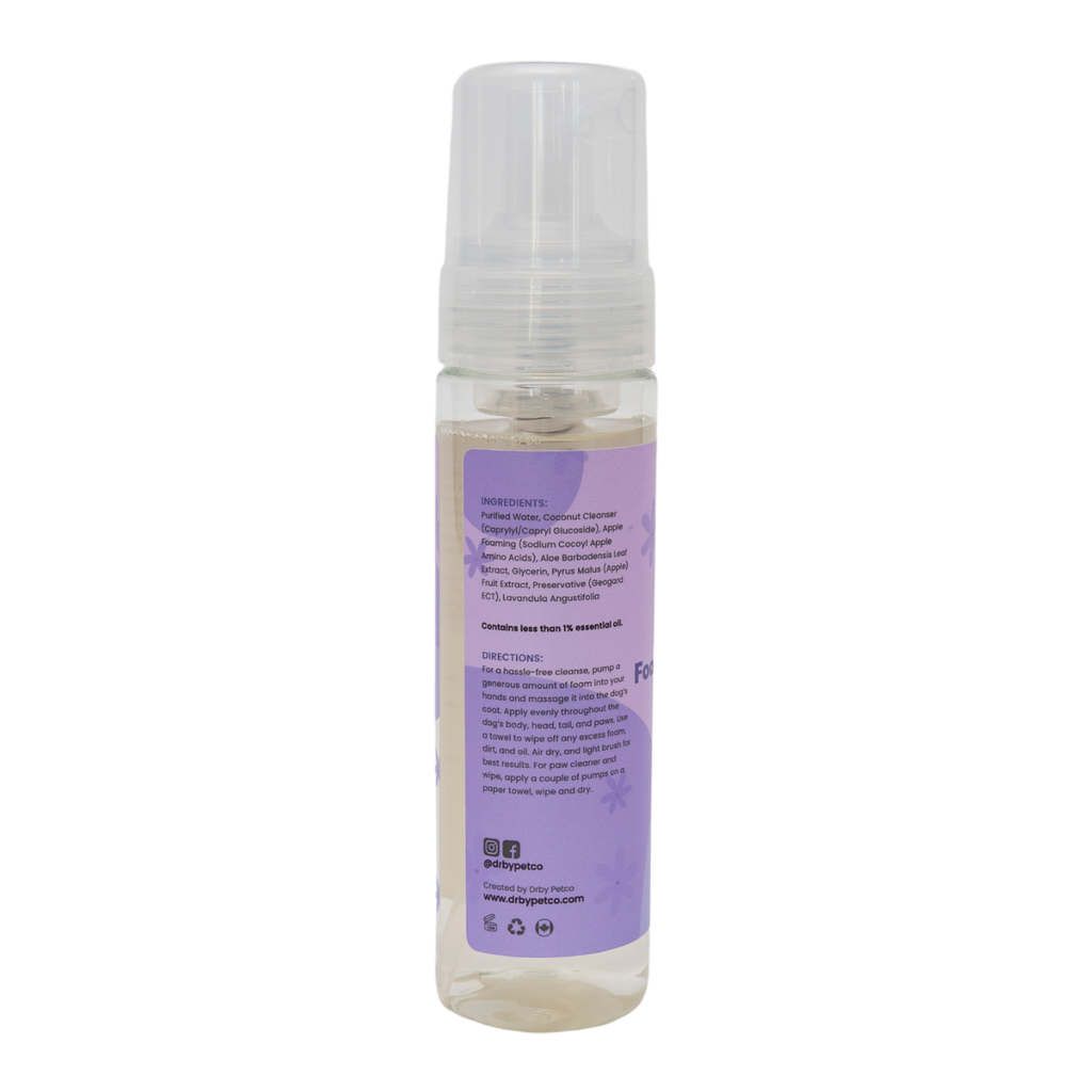 Clear bottle with a purple label on a white background