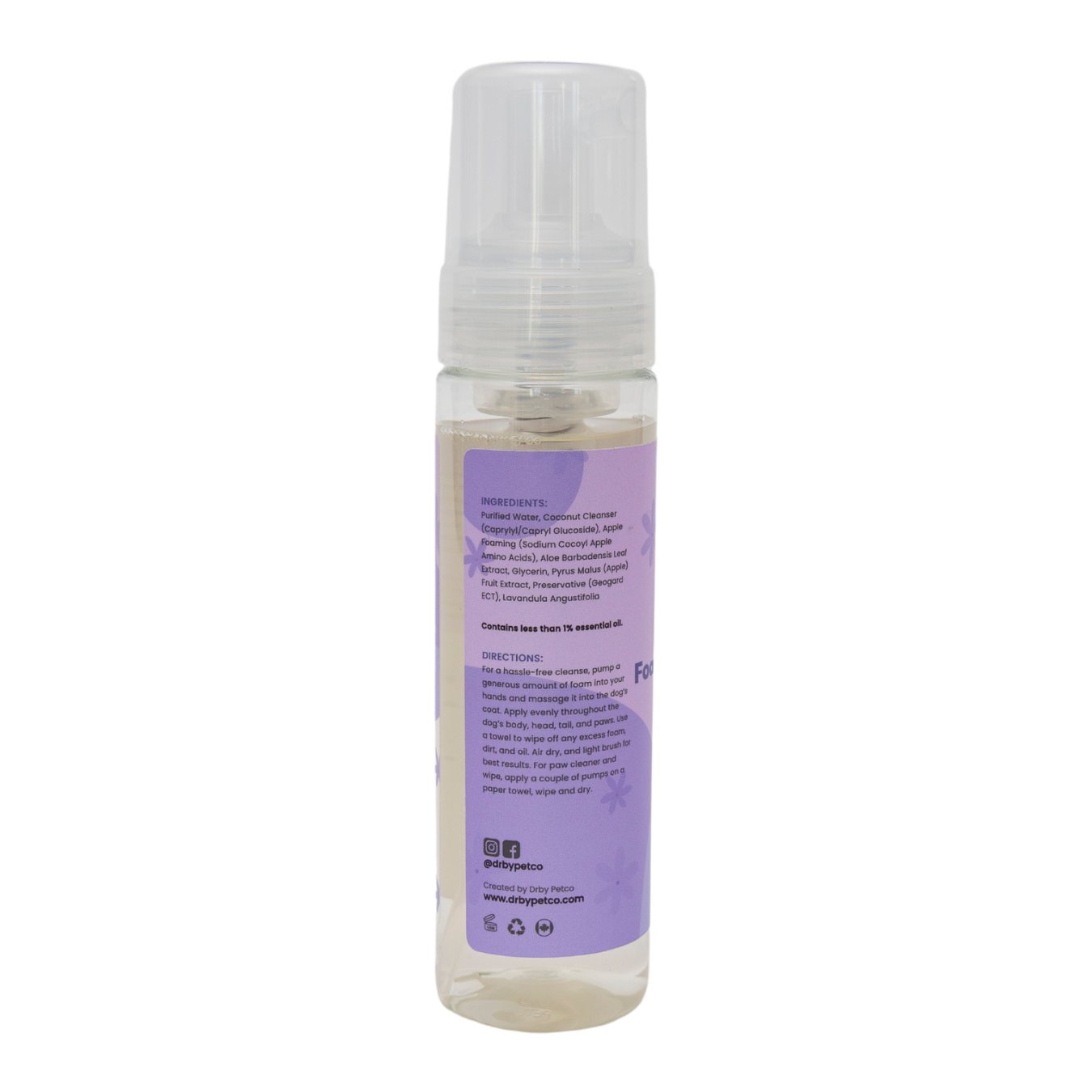 Clear bottle with a purple label on a white background