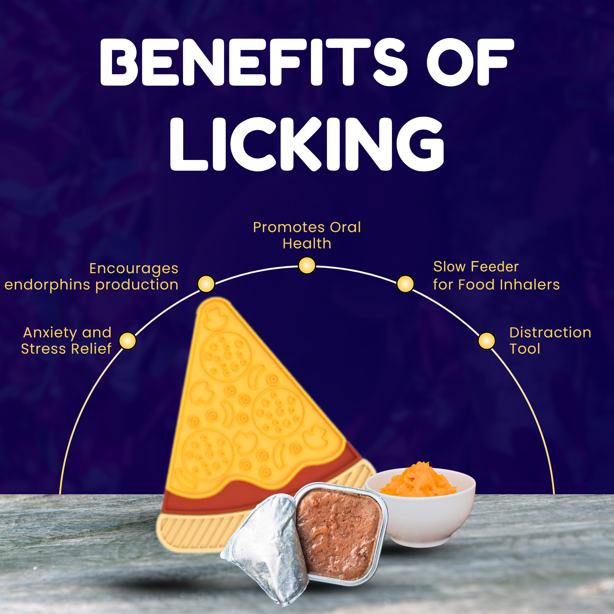 Diagram titled 'Benefits of Licking' on a wooden surface.