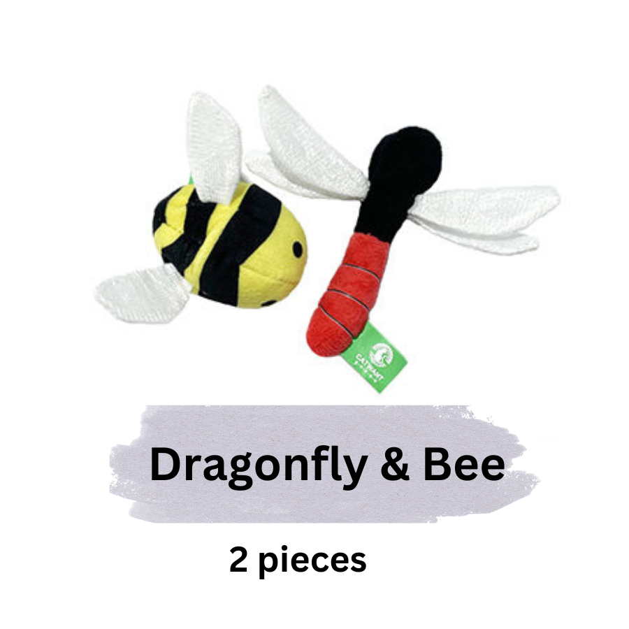 Plush dragonfly and bee toy with a green tag on a white background