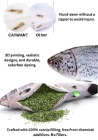 Catnip toy with text highlighting features and branding comparison.