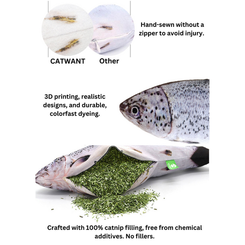 Catnip toy with text highlighting features and branding comparison.