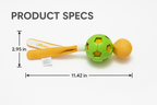 Green and yellow dog toy with measurements on a white background