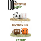 Catnip toys shaped like a soccer ball, baseball, football, and basketball on a white background with 'Silvervine' branding.