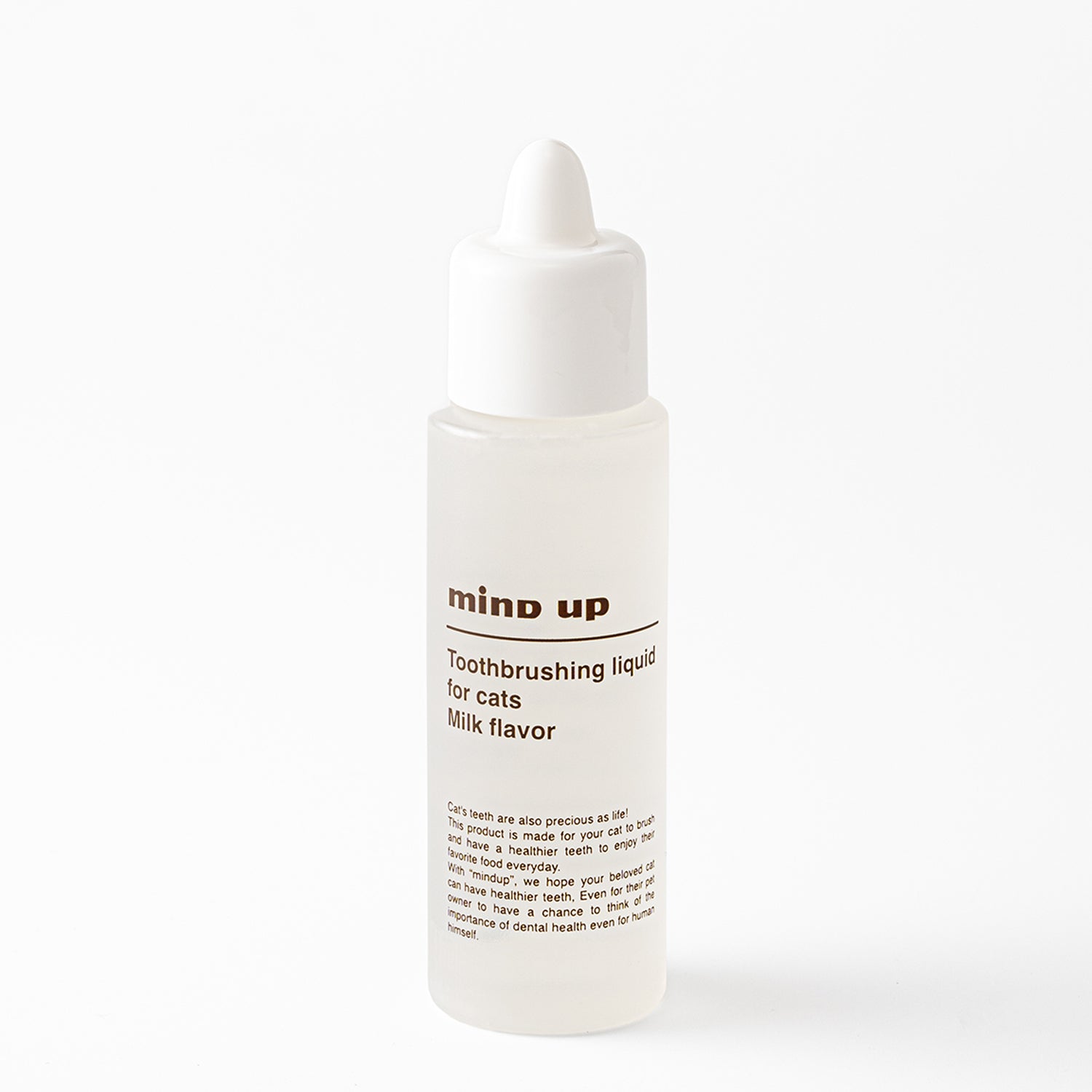 Bottle of 'mind up' toothbrushing liquid for cats on a white background