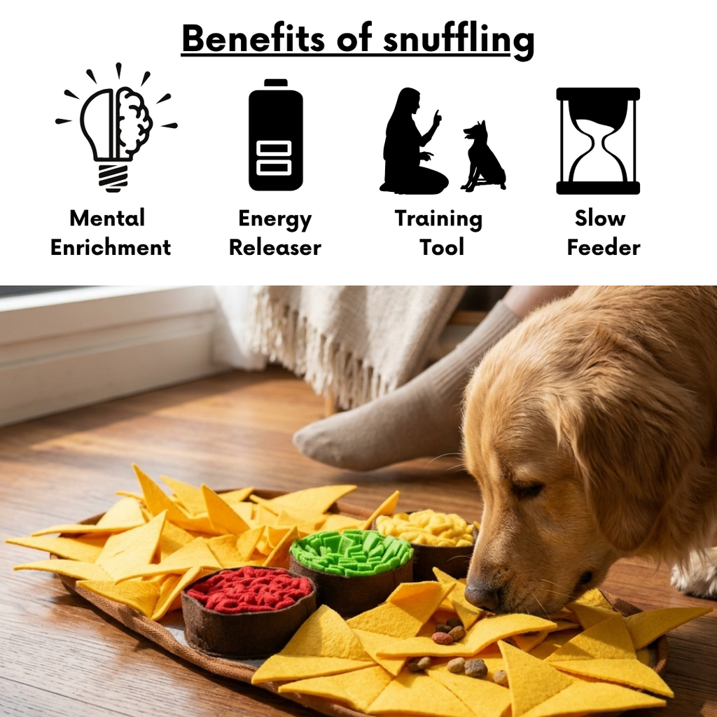 Dog snuffling at a puzzle toy with text listing benefits of snuffling.