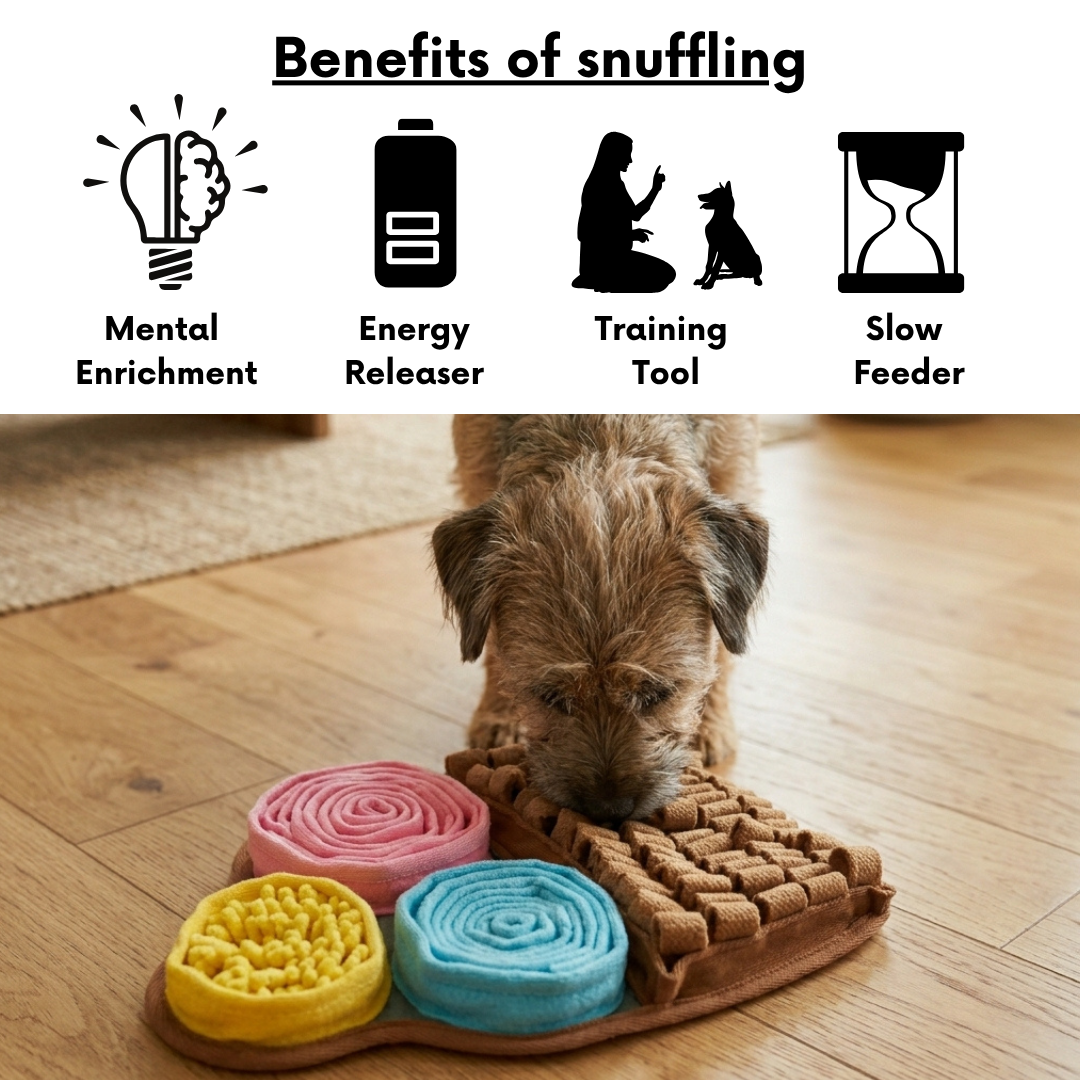 Dog interacting with a puzzle toy on a wooden floor, with icons and text listing benefits of snuffling.
