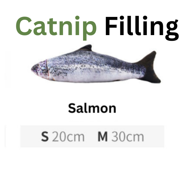Salmon with text indicating 'Catnip Filling' and size options on a white background