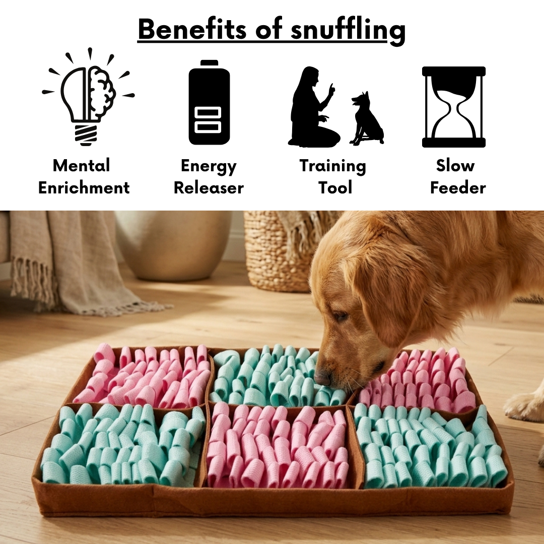 Dog interacting with a puzzle toy on a wooden floor, with icons and text about snuffling benefits.