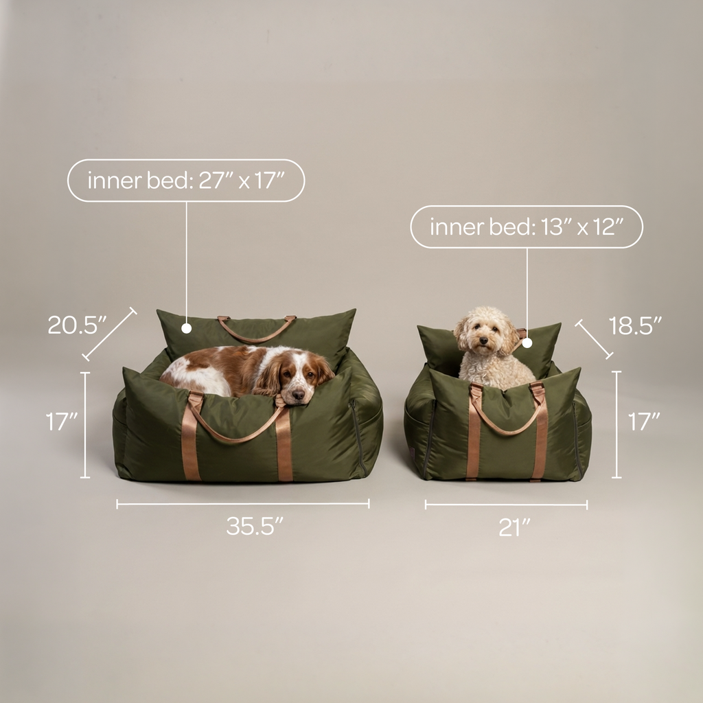 Two green pet carriers with measurements and dogs inside on a beige background