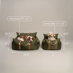 Two green pet carriers with measurements and dogs inside on a beige background