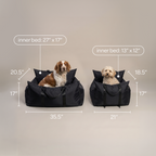 Two black pet beds with measurements and two dogs inside on a beige background