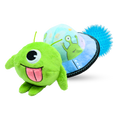 Green dog plush toy with a blue spiky ball and a round blue object with an alien design on a white background.