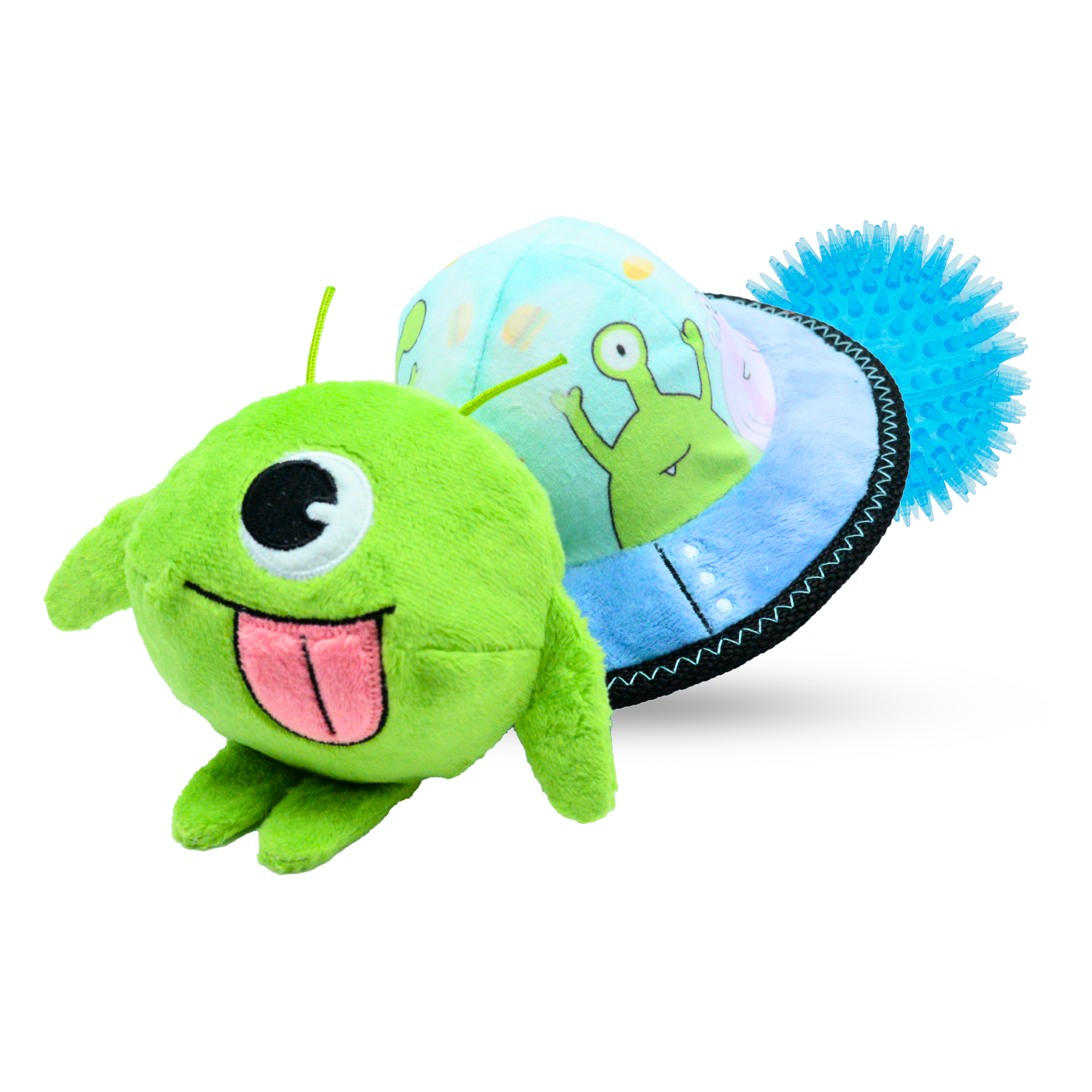 Green dog plush toy with a blue spiky ball and a round blue object with an alien design on a white background.