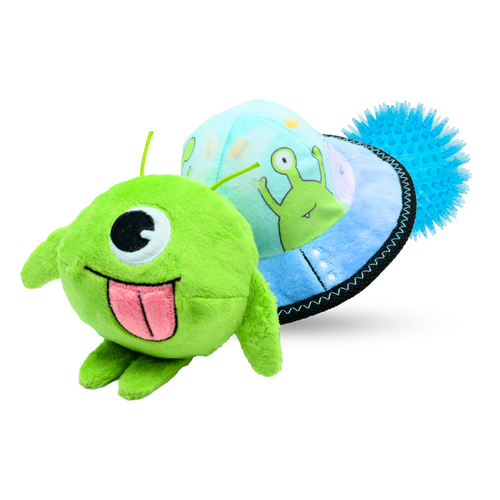 Green dog plush toy with a blue spiky ball and a round blue object with an alien design on a white background.