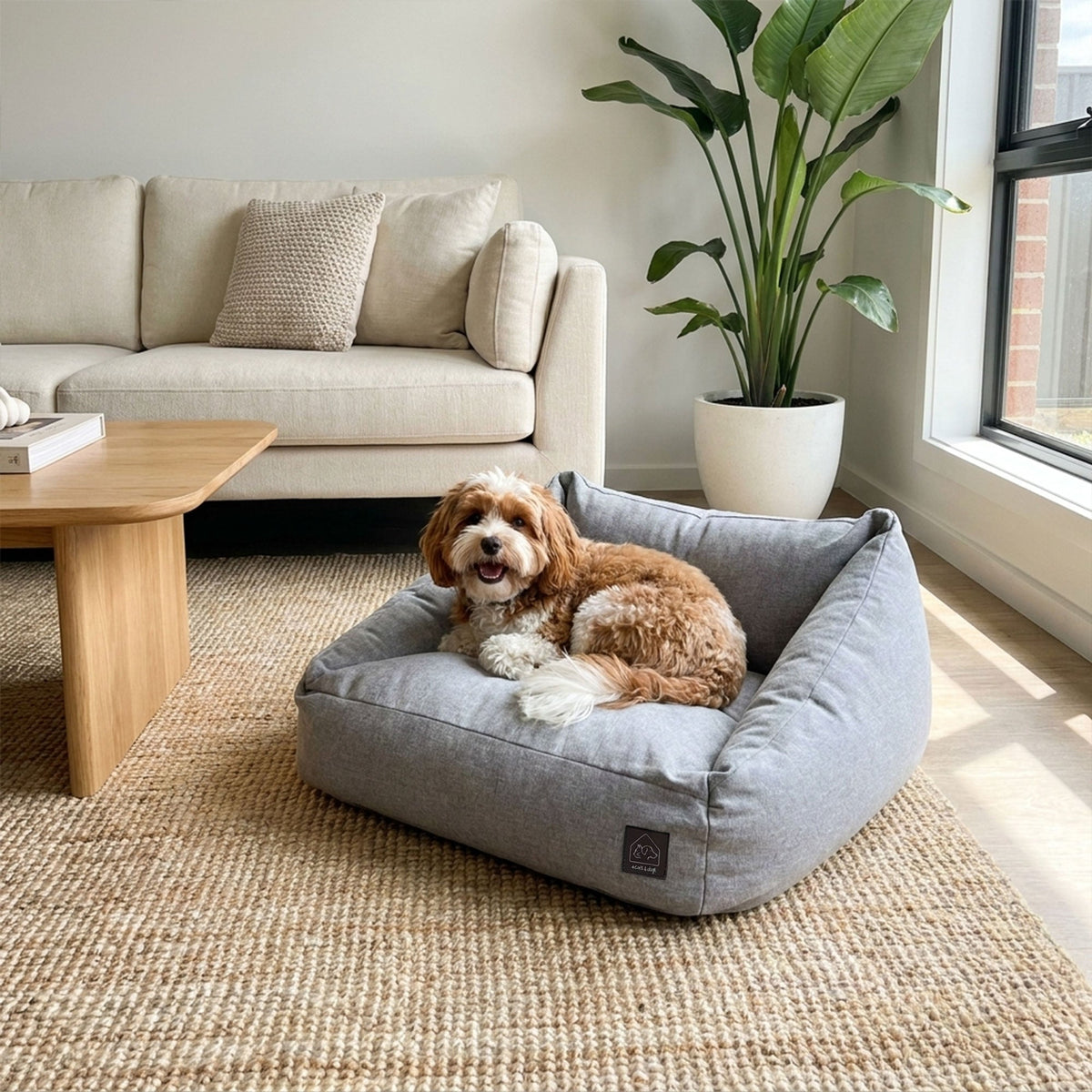Dog lying on a gray pet bed in a cozy living room with a couch, coffee table, and plant.