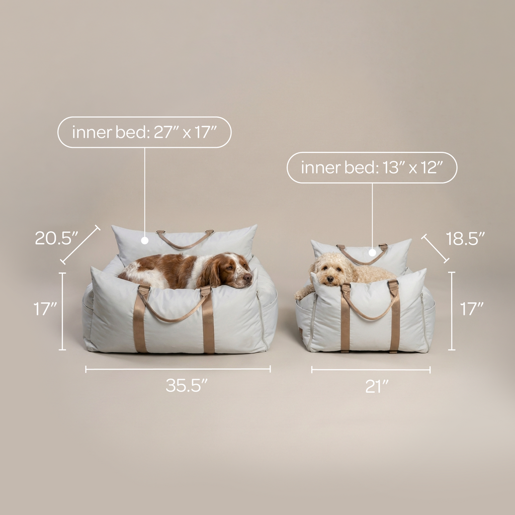 Two pet car seats with dimensions labeled on a beige background