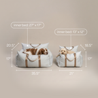 Two pet car seats with dimensions labeled on a beige background