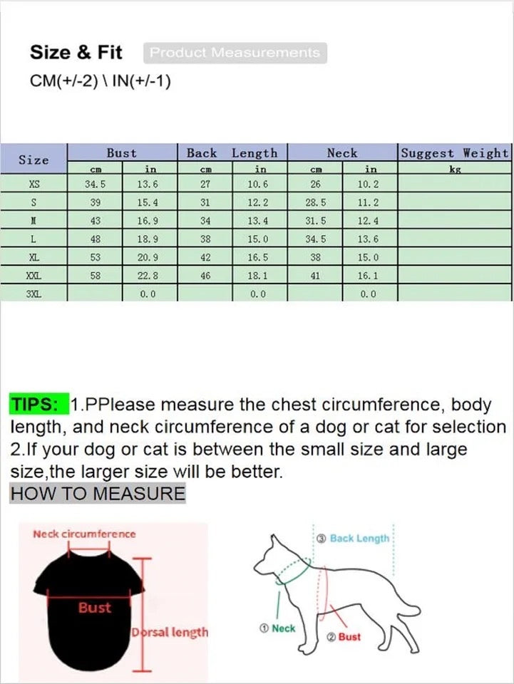 Size and fit chart for a product with measurements in centimeters and inches.