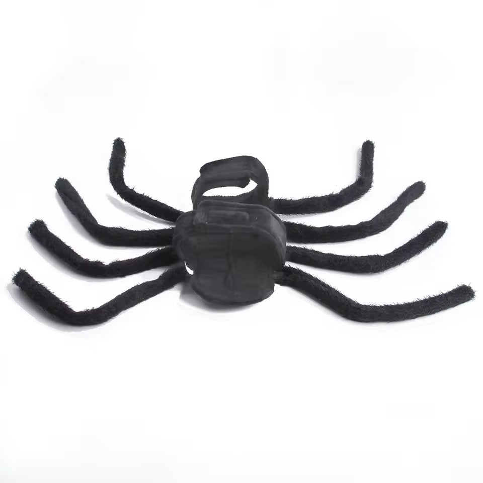 Black spider-shaped pet halloween costume on a white background