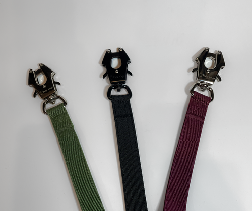 Three dog leash in green, black, and purple with metal clasps on a white background.