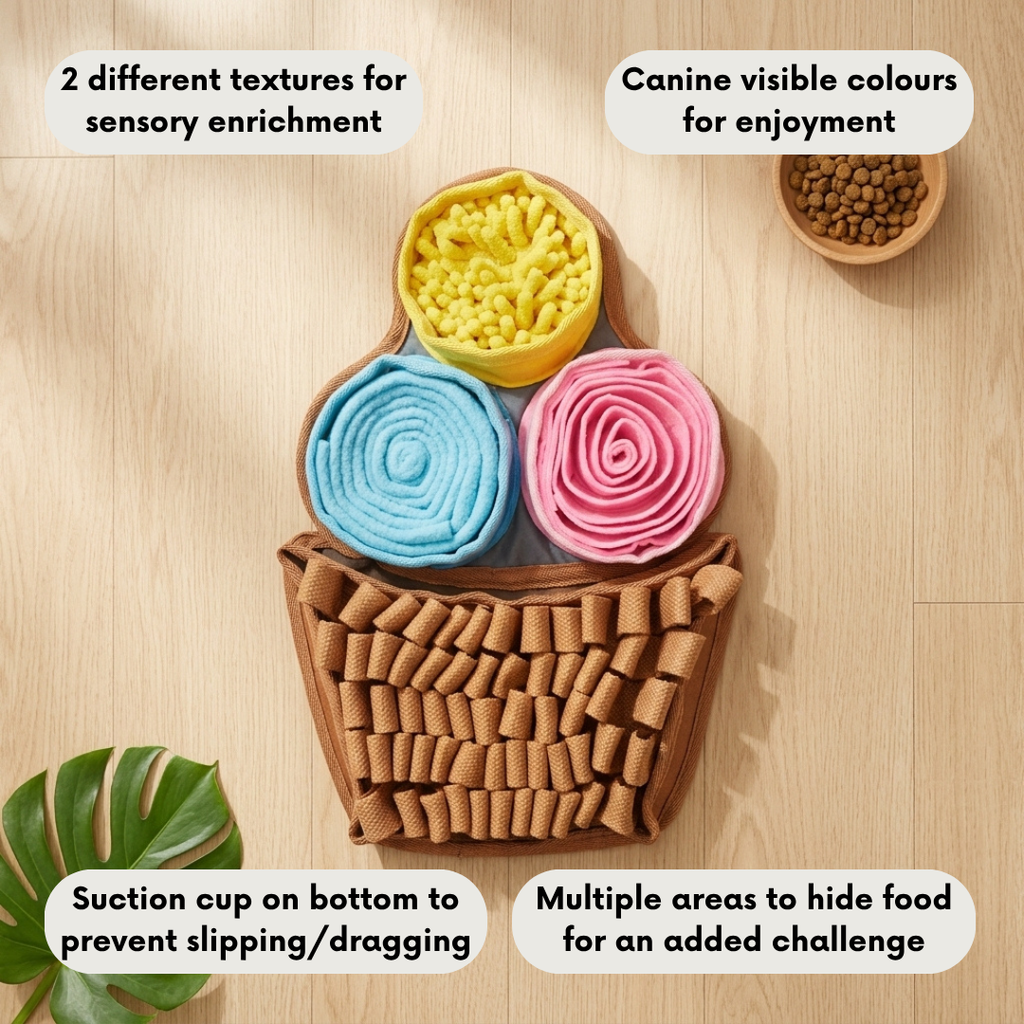 Dog toy with different textures and colors on a wooden surface