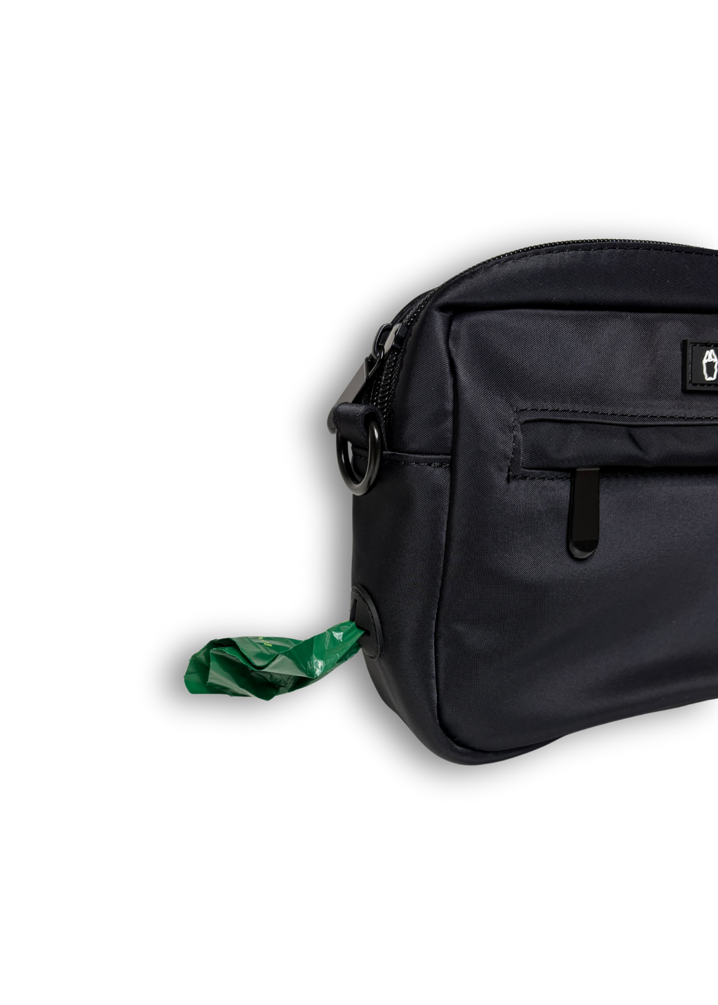Black bag with a green waste bag on a white background
