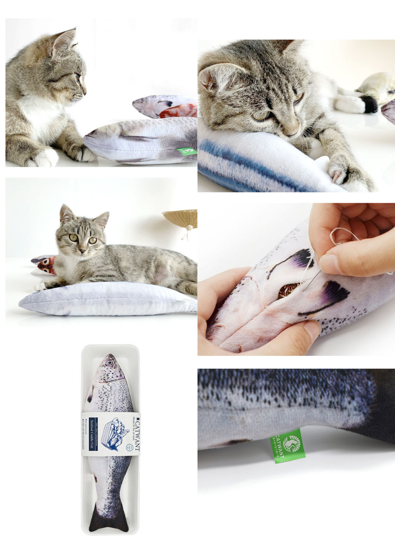 Collage of a cat interacting with a fish-shaped pillow and toy.