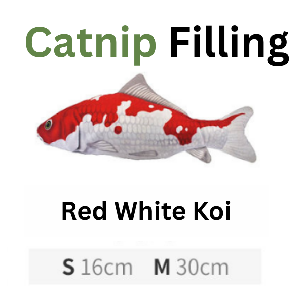 Red and white fish-shaped cat toy with 'Catnip Filling' text on a white background
