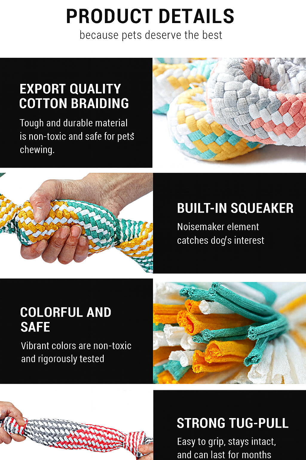 Product details of a colorful rope toy for pets with text on quality, safety, and features.