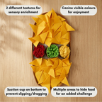 Yellow dog puzzle toy with different textures and colors on a wooden surface
