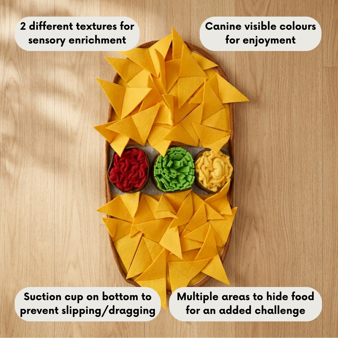 Yellow dog puzzle toy with different textures and colors on a wooden surface