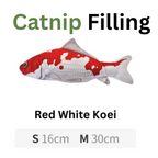 Red and white fish-shaped cat toy with 'Catnip Filling' text on a white background