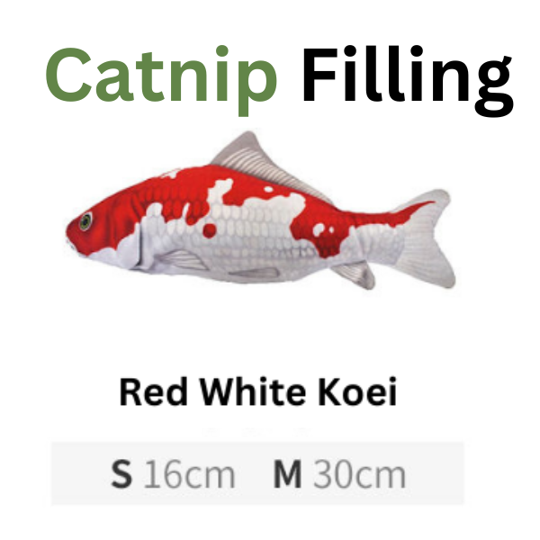 Red and white fish-shaped cat toy with 'Catnip Filling' text on a white background