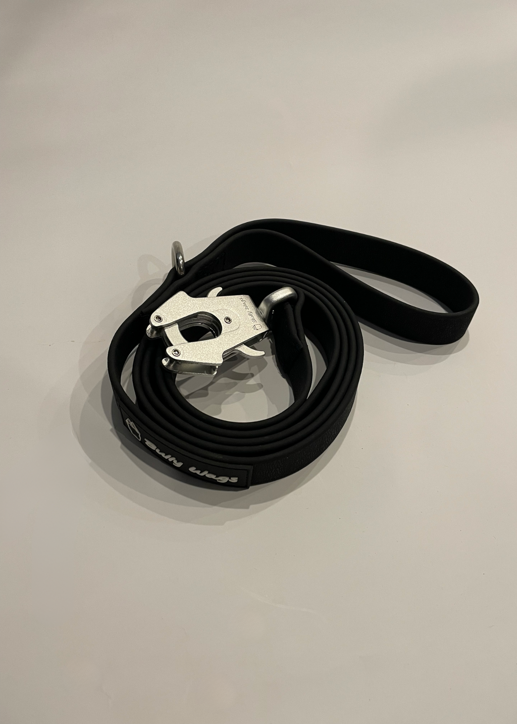 Black dog leash with metal clip on a light gray background