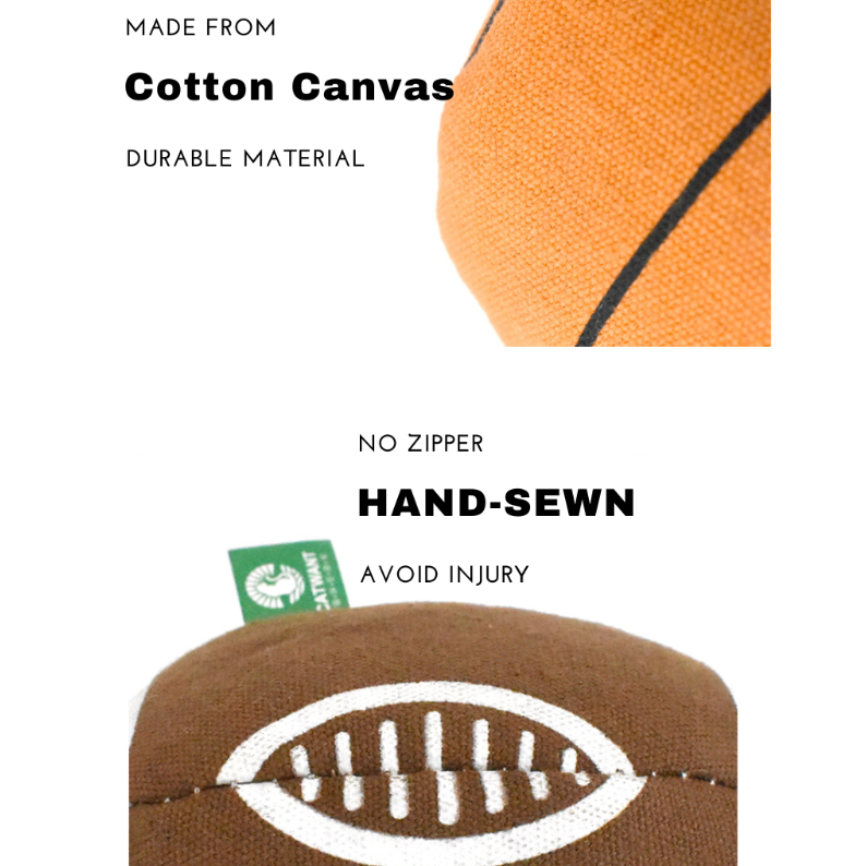 Product packaging with a basketball and football design, labeled 'Made from Cotton Canvas' and 'Hand-Sewn'.
