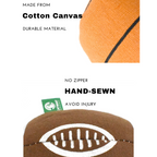 Product packaging with a basketball and football design, labeled 'Made from Cotton Canvas' and 'Hand-Sewn'.