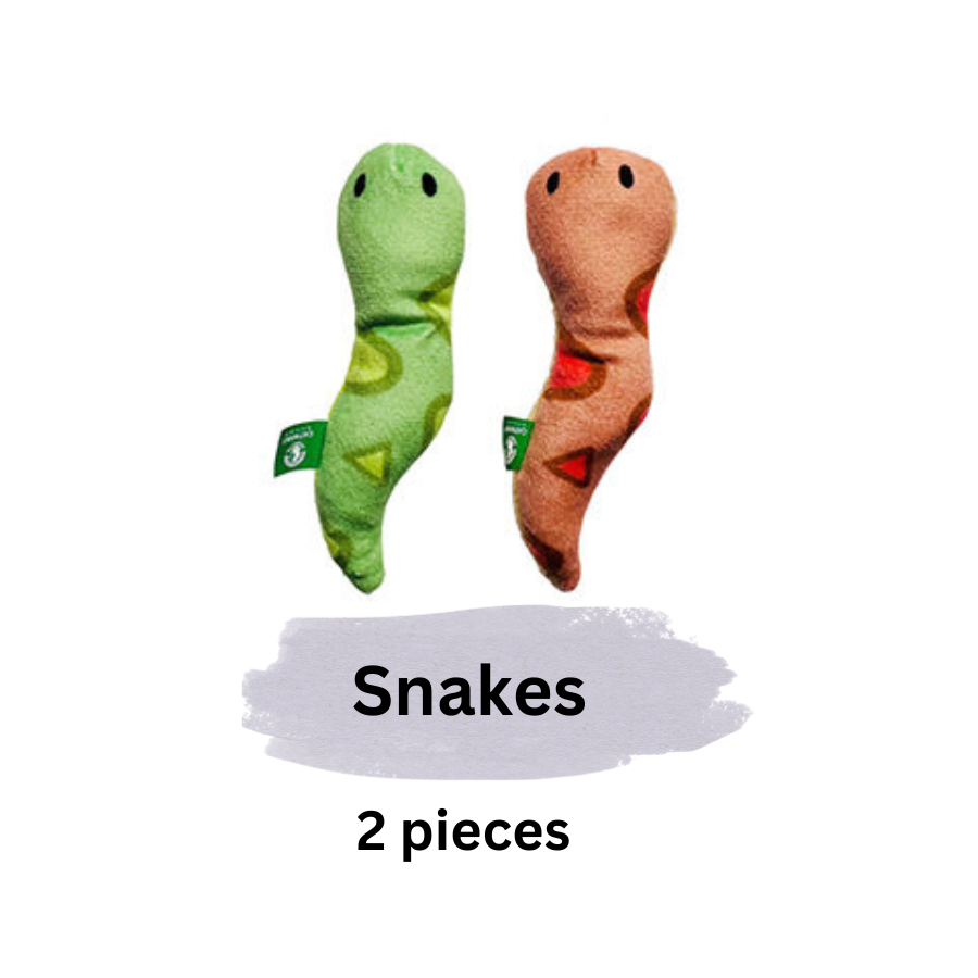 Two plush snake toys, one green and one brown, on a white background with 'Snakes 2 pieces' text.