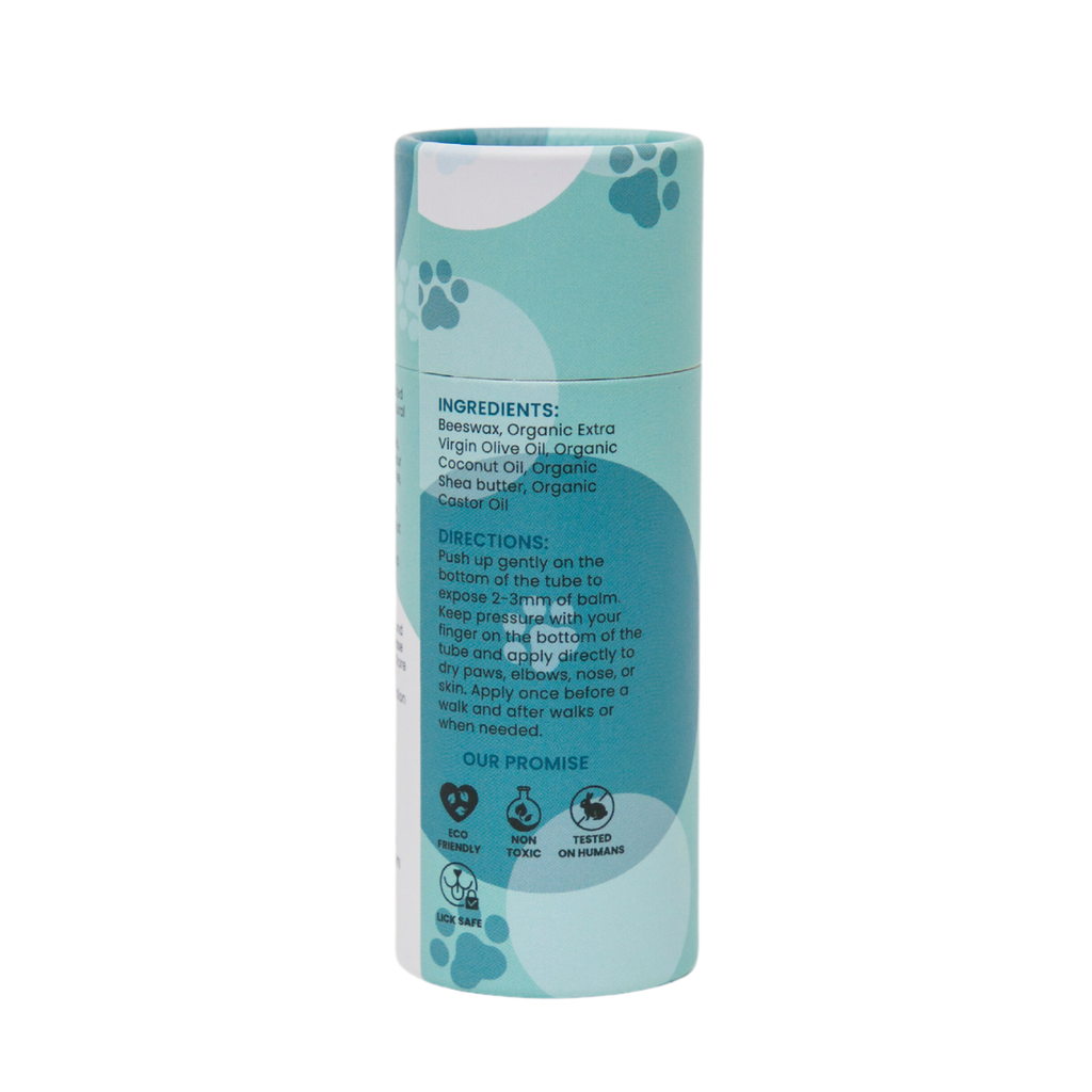 Paw Balm container with paw prints on a white background