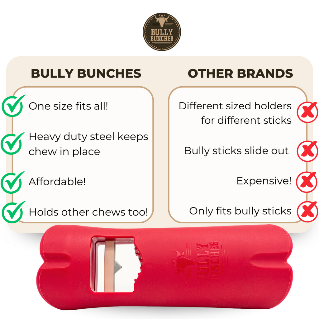 Red chew toy with 'Bully Bunches' branding and comparison chart to 'Other Brands'.