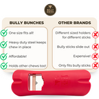 Red chew toy with 'Bully Bunches' branding and comparison chart to 'Other Brands'.