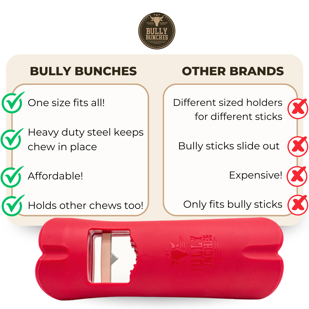 Red chew toy with 'Bully Bunches' branding and comparison chart to 'Other Brands'.
