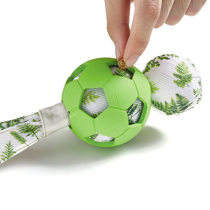 Green dog toy with a ribbon and a hand placing treats inside on a white background
