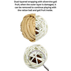 Dual-layered wrapping with silvervine gall fruit and rattan ball on a white background.