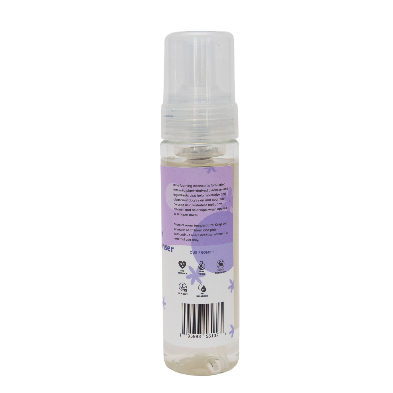 Clear bottle with purple label on a white background
