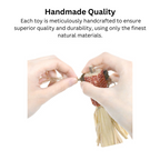 Handmade toy being crafted with text about quality and materials